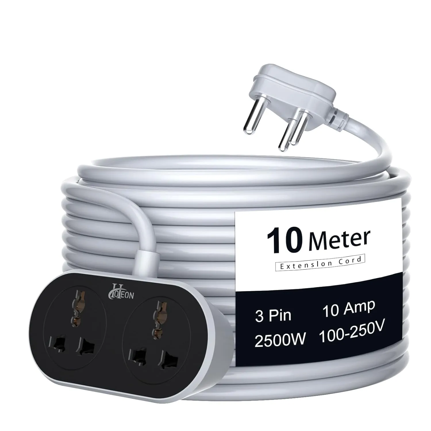 Hoteon Extension Board 10 Meter, 2500W Extension Cord, 10A Heavy Duty Ultra-Long Wire, 2 Universal Outlets Power Cord with Surge Protection, 3-Pins Power Cable for Home Office Indoor Outdoor