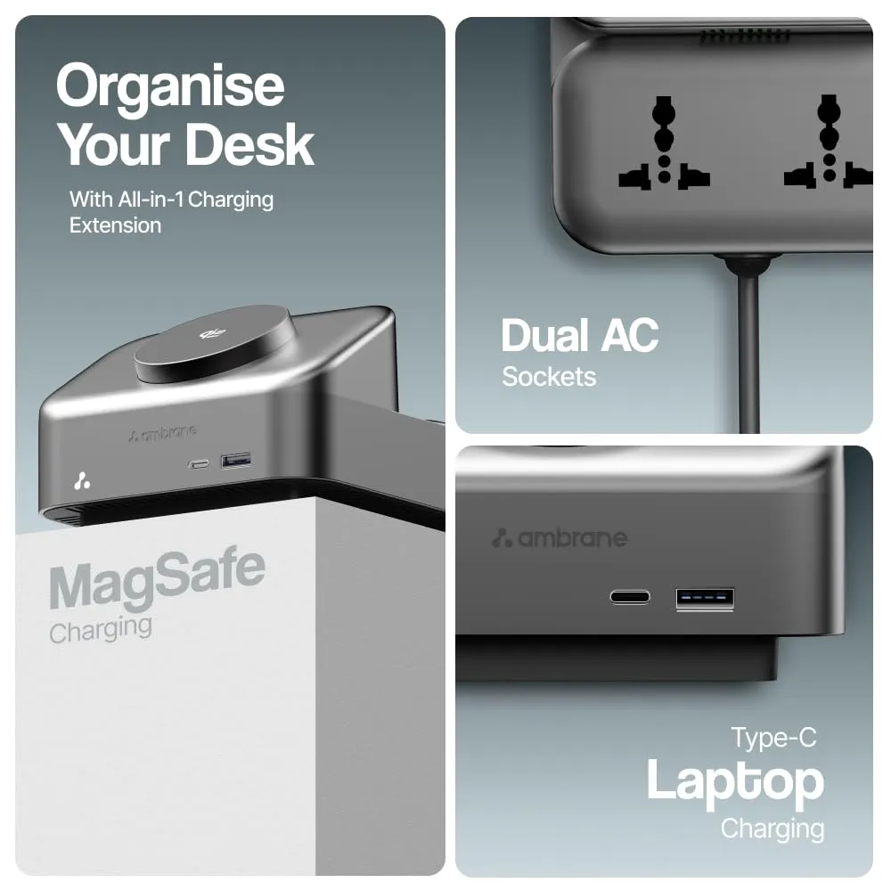 Click to see full view Ambrane Wireless Qi2 Magsafe Extension Board, 65W Macbook/Type Laptop Charging, Magsafe for iPhone, Latest Qi2.2 25W Wireless Technology, 2500W AC Sockets, Perfect for Tables (AerosynQ Hub 100, Black)