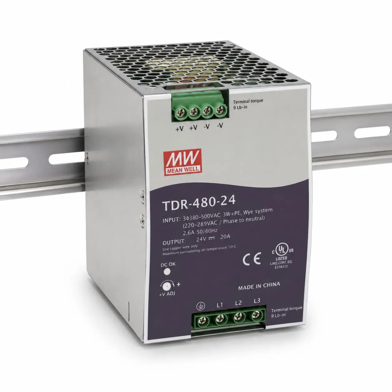 TDR-480-24 Industrial DIN Rail Power Supply, 480W 24V DC 20A Three Phase SMPS for Automation Panels & PLC Systems